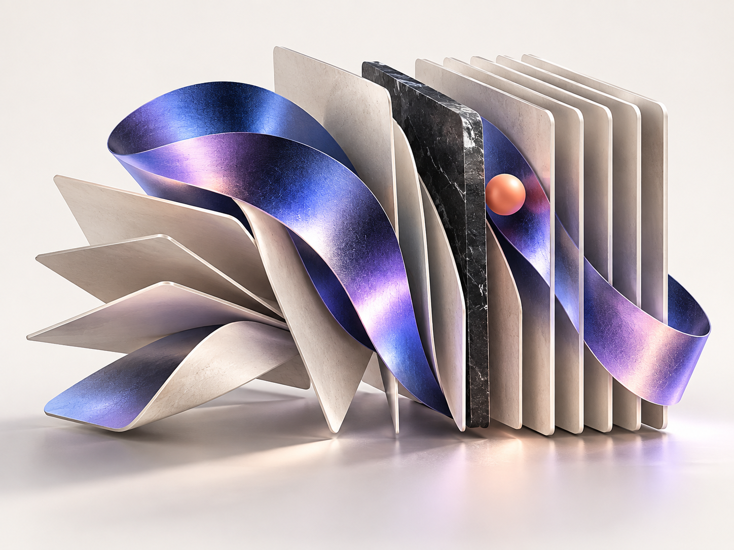 Ordered panels linked by a violet band